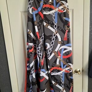 Ashley Stewart Wide Leg Pants in Black with Red, Blue & White Chain Print
